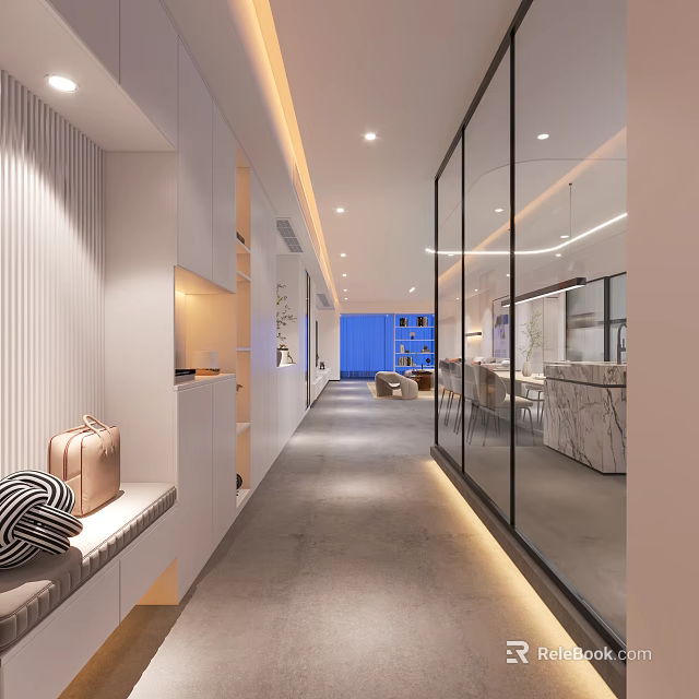 Modern Living And Dining Room Interior With Open Concept Glass Partitions And Lighting 3d model 