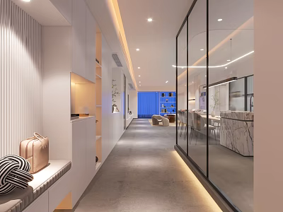 Modern Living And Dining Room Interior With Open Concept Glass Partitions And Lighting 3d model