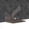Modern Staircase With Wooden Steps Glass Railing And Decorative Elements Against Black Rock Wall