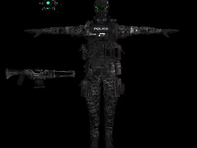 Game And Movie Character Police Tactical Gear With Glowing Eyes And Rifle In Dark Background 3d model