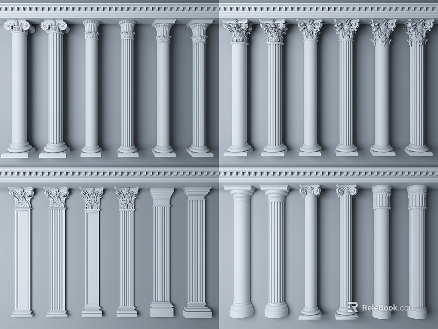 Classical Roman Columns With Ornate Capitals And Various Shaft Designs 3d model 