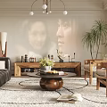 Elegant Living Room Design With Chandelier Leather Sofa Projection Green Plant And Wooden Coffee Table
