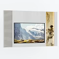 Modern TV Background Wall With Striped Panel And Mountain Landscape
