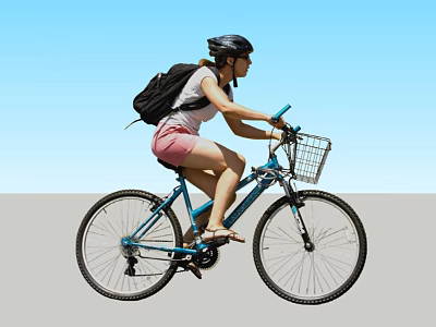 A Woman Riding Blue Bicycle With Helmet Backpack And Front Basket Under Blue Sky 3d model