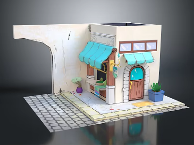 Cute Miniature Shopfront Model With Blue Awning Wooden Door Windows And Brick Pavement 3d model
