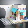 Cute Miniature Shopfront Model With Blue Awning Wooden Door Windows And Brick Pavement