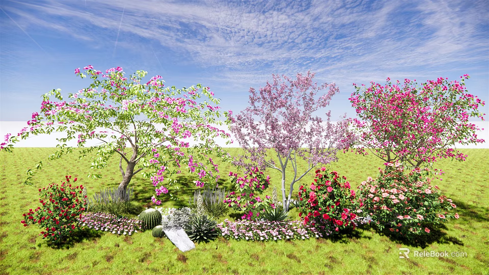 Beautiful Flowering Arbor Landscape With Pink Purple Red Blooms And Green Grassland Under Blue Sky 3d model 