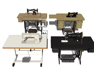 Various Style Sewing Machines On Wooden And Metal Frame Tables 3d model