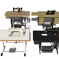 Various Style Sewing Machines On Wooden And Metal Frame Tables