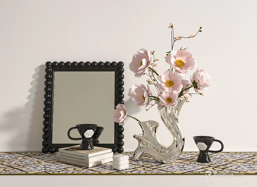 Tabletop Decorative Ornament Set with Black Framed Mirror Pink Flower Vase Black Cups White Candle 3d model 
