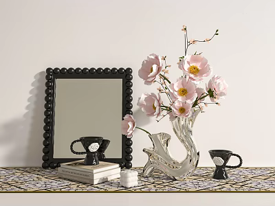 Tabletop Decorative Ornament Set with Black Framed Mirror Pink Flower Vase Black Cups White Candle 3d model
