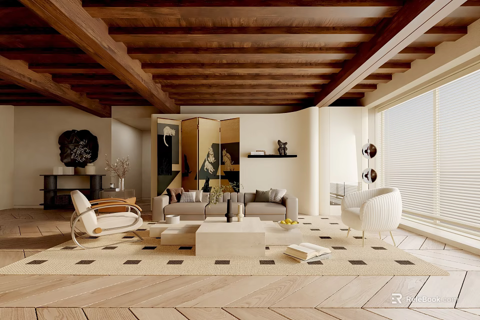 Modern Living Room With Wooden Ceiling Beams Sofa Rug Armchairs Coffee Table And Windows 3d model 