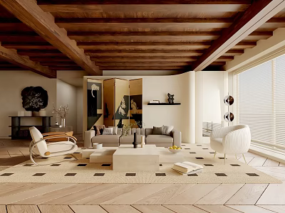 Modern Living Room With Wooden Ceiling Beams Sofa Rug Armchairs Coffee Table And Windows 3d model