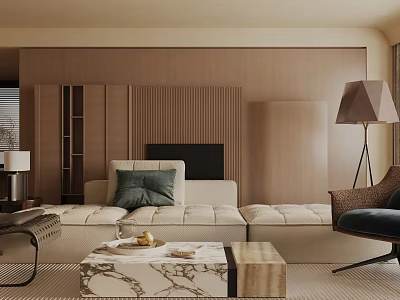 Modern Living Room Interior With Wooden Wall Panel Beige Sofa And Marble Coffee Table 3d model