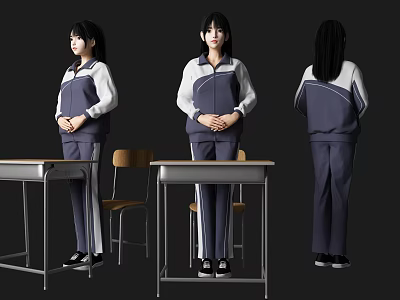 Woman in Blue and White School Uniform Standing by Classroom Desks and Chairs 3d model