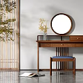 Traditional Chinese Wooden Dressing Table With Round Mirror Drawers Stool Lattice Screen And Plant