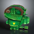 Green Cartoon Style Mechanical Sculpture With Large Goggle Eyes Yellow Triangle On Chest
