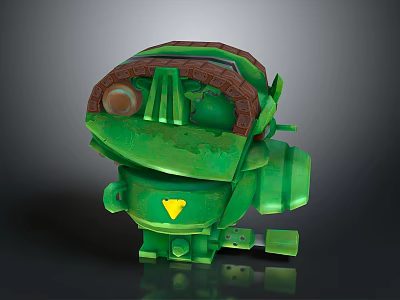 Green Cartoon Style Mechanical Sculpture With Large Goggle Eyes Yellow Triangle On Chest 3d model