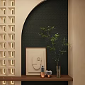 Stylish Entryway Hallway With Lighted Grid Wall Dark Accent Wall And Wooden Shelf Green Decor