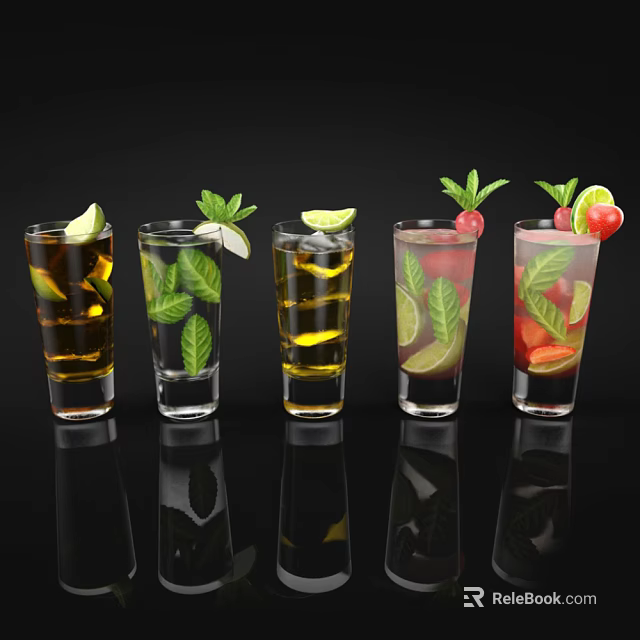 Colorful Beverages In Glass Cups With Lime Slices Mint Leaves And Cherries On Black Background 3d model 