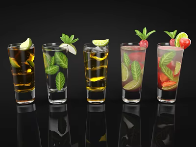 Colorful Beverages In Glass Cups With Lime Slices Mint Leaves And Cherries On Black Background 3d model