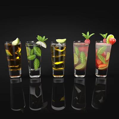 Colorful Beverages In Glass Cups With Lime Slices Mint Leaves And Cherries On Black Background 3d model