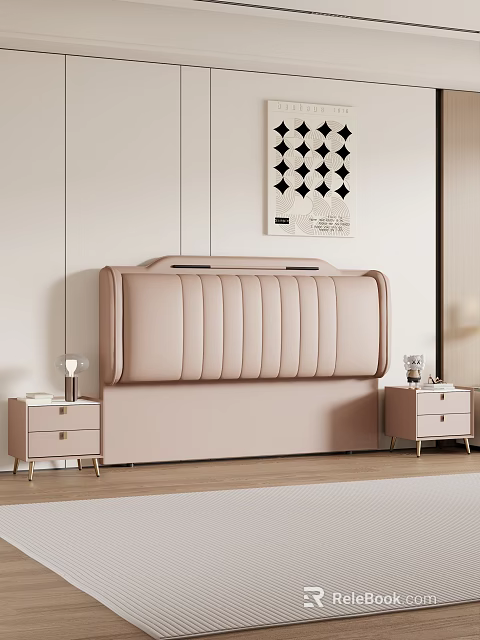 Elegant Modern Double Bed with Pink Upholstered Headboard Matching Bedside Tables and Wall Art 3d model 