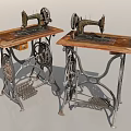 Two Vintage Sewing Machines With Wooden Tables Metal Frames Foot Pedals And Spools