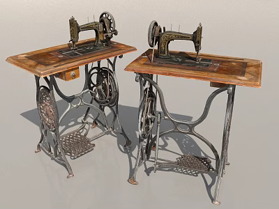 Two Vintage Sewing Machines With Wooden Tables Metal Frames Foot Pedals And Spools 3d model
