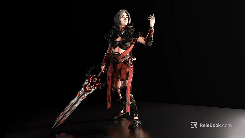 Fantasy Woman In Red And Black Armor Holding Large Decorative Sword 3d model 