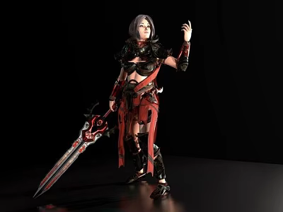 Fantasy Woman In Red And Black Armor Holding Large Decorative Sword 3d model