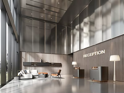 Modern Hotel Lobby Interior With Reception Desk Sofa Chairs Large Windows And Bright Lighting 3d model