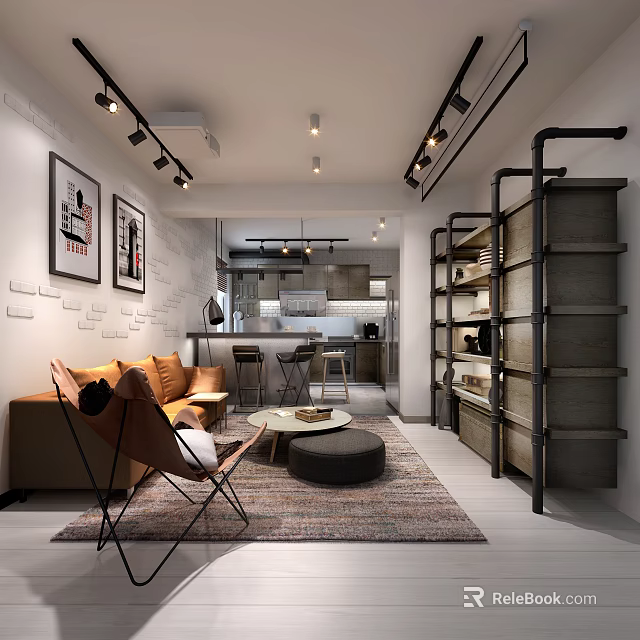 Modern Living Room Interior With Sofa Chair Coffee Table Decorative Paintings And Bookshelves 3d model 
