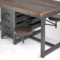 Industrial Style Office Desk With Wooden Top Metal Frame Storage Drawers And Stools