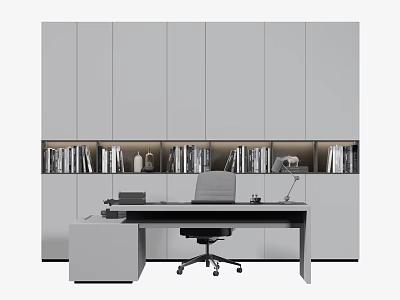 Modern Office Desk With White Cabinets Books And Decorative Items 3d model