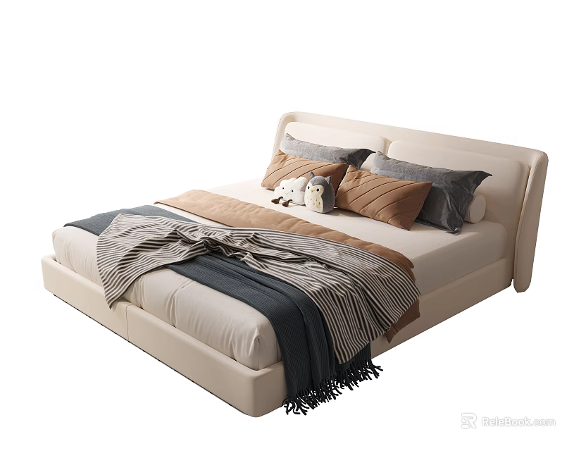 Modern Kids Bed With Beige Headboard Multiple Pillows Striped Blanket And Plush Toy 3d model 