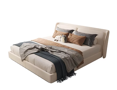 Modern Kids Bed With Beige Headboard Multiple Pillows Striped Blanket And Plush Toy 3d model