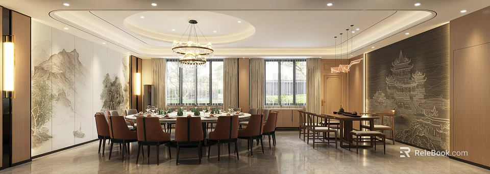 Elegant Private Dining Room Interior With Round Table Chandelier And Large Windows 3d model