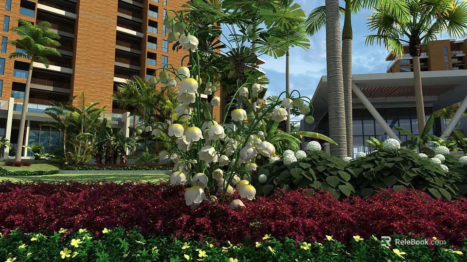 Lush Tropical Garden Landscape With Palm Trees White Flowers And Red Bushes By Modern Buildings 3d model 