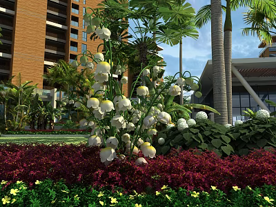 Lush Tropical Garden Landscape With Palm Trees White Flowers And Red Bushes By Modern Buildings 3d model