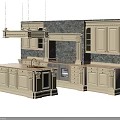 Traditional Kitchen Cabinets With Island Counter And Stone Backsplash Design 3d model