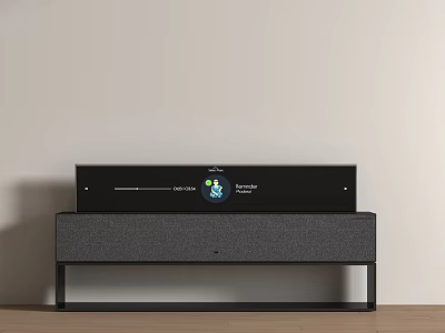 Modern TV on Stylish Stand with Screen Displaying Interface Against Light Wall Wooden Floor 3d model
