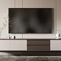 Modern TV Stand With Large Screen TV Decorative Vase Green Plant And White Lamp