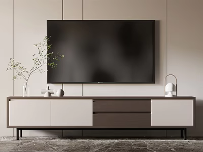 Modern TV Stand With Large Screen TV Decorative Vase Green Plant And White Lamp 3d model