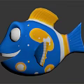Cartoon Blue Fish with Yellow Accents Orange Spots Big Eyes on Dark Background 3d model