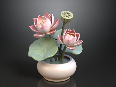 Sofa Coffee Table Set With Pink Lotus Flowers And Green Leaves In White Vase 3d model