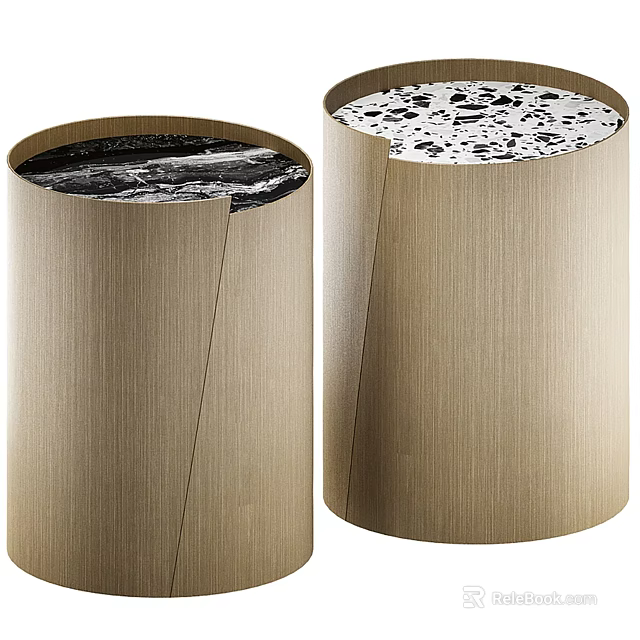 Modern Minimalist Side Table With Cylindrical Wooden Frame And Marble Top Surface 3d model 