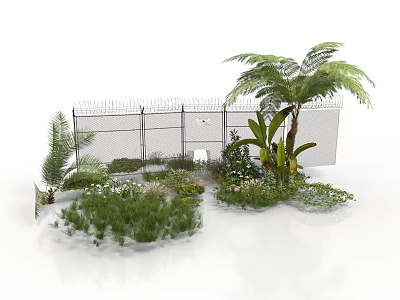 Modern Garden Area With Wire Fence Palm Tree Ferns And Lush Green Plants 3d model
