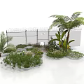 Modern Garden Area With Wire Fence Palm Tree Ferns And Lush Green Plants