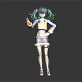 Fashionable Anime Character With Green Purple Pigtails Yellow Purple Top Shorts Sneakers And Arm Stickers
